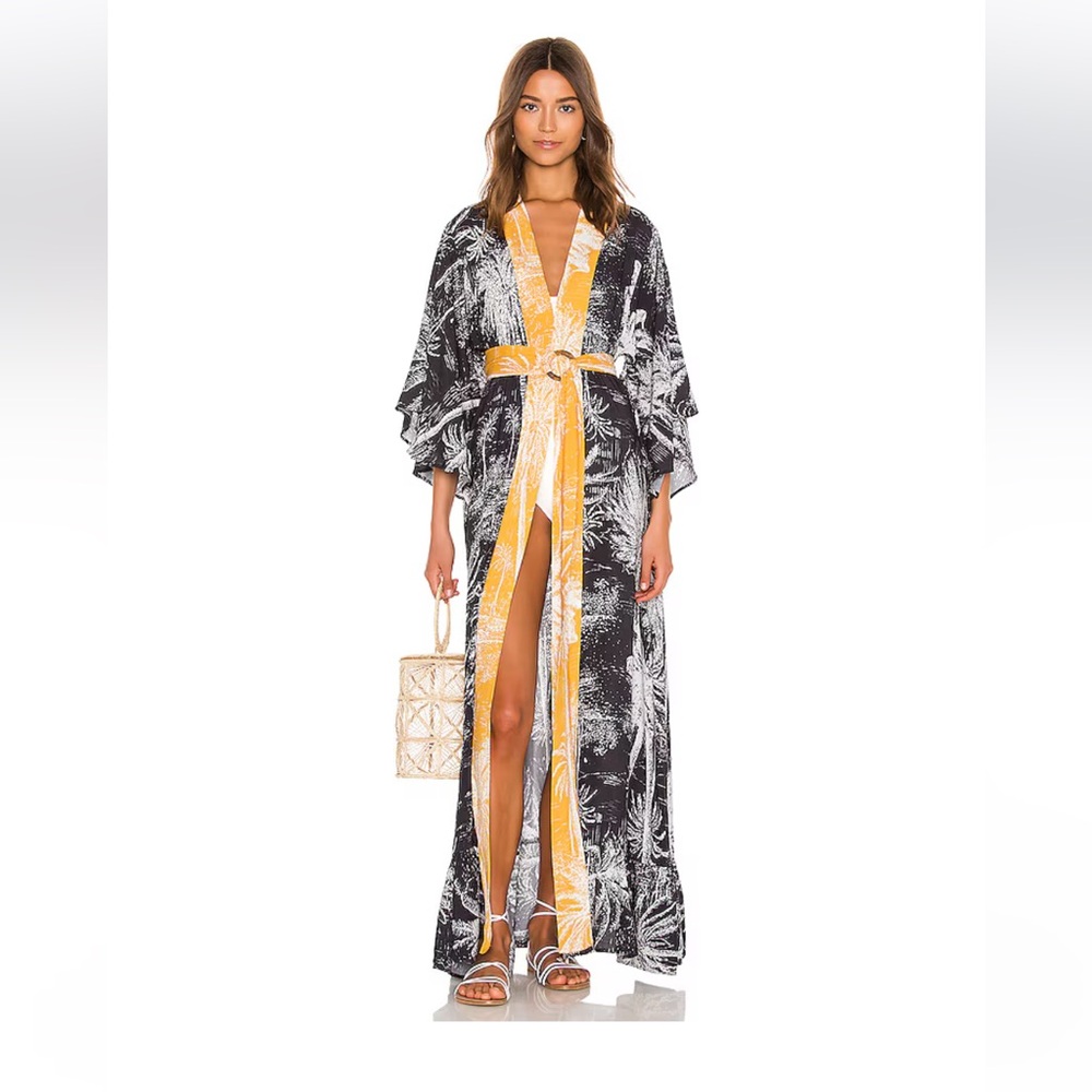 Maaji Black Palm-Print Maxi Kimono with Yellow Trim